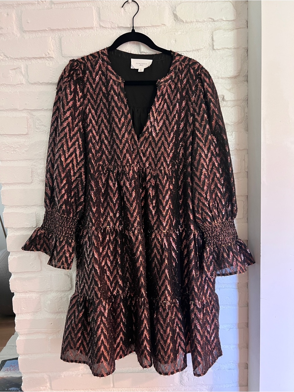 Pomander Place Metallic Chevron Tiered Dress in Copper and Black